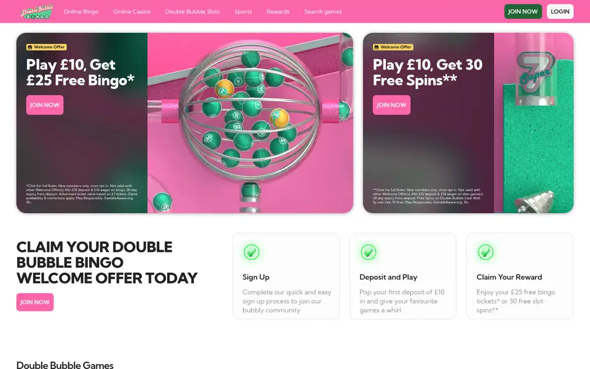 Double Bubble Bingo homepage, captured September 2026