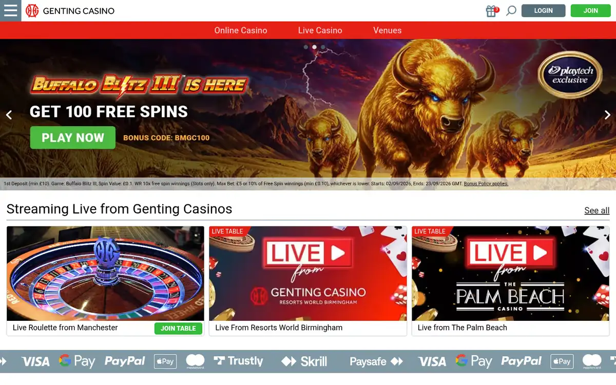 Genting Casino homepage, captured September 2026
