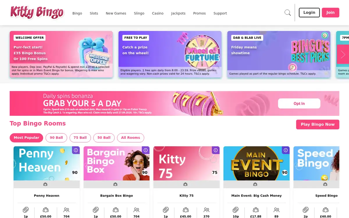 Kitty Bingo homepage, captured September 2026