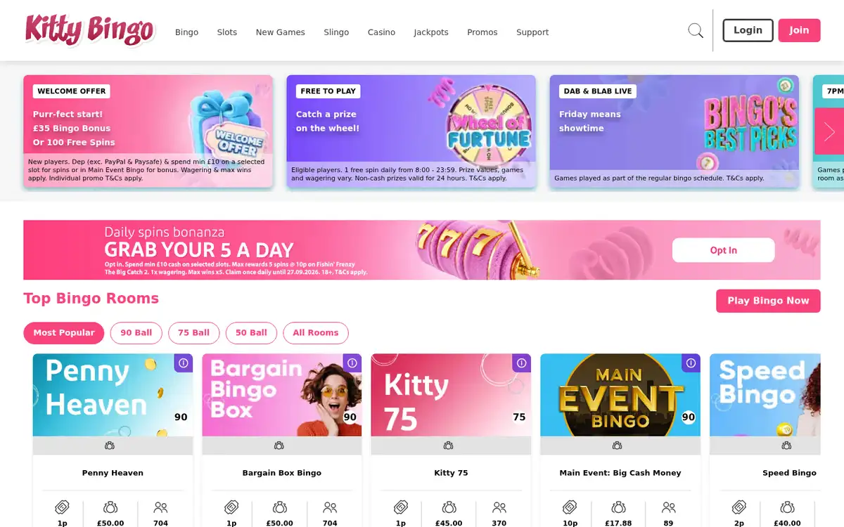 Kitty Bingo homepage, captured September 2026