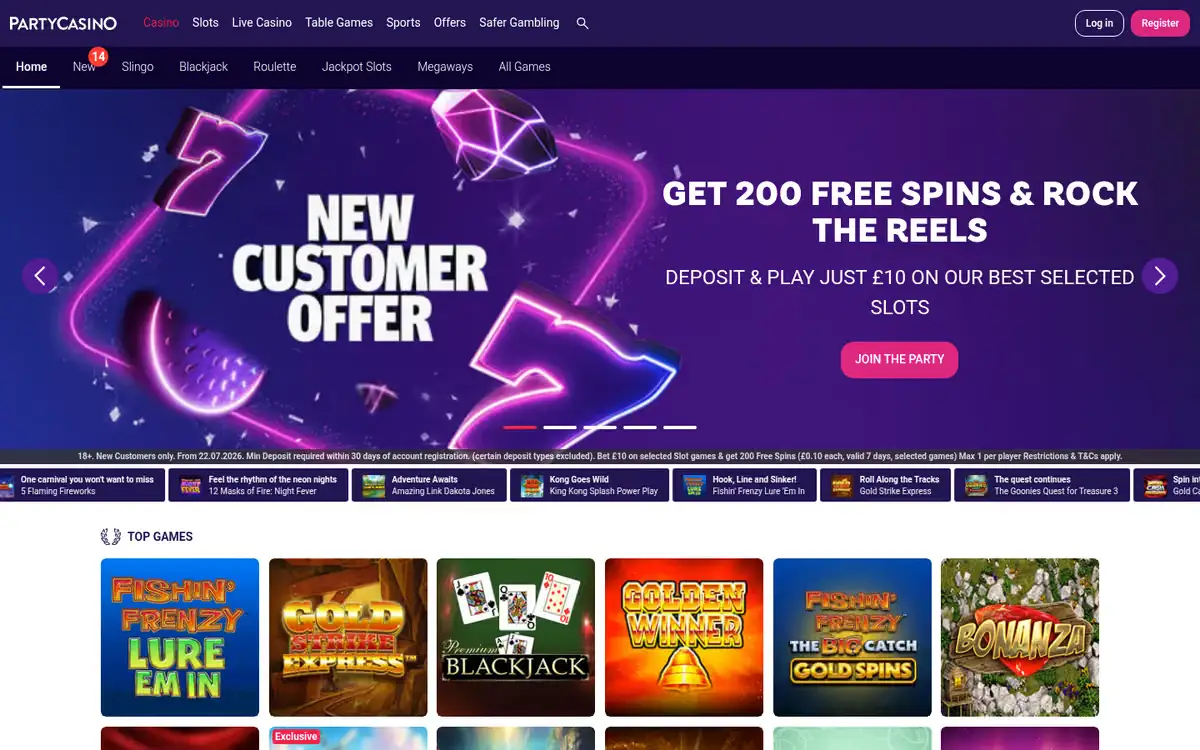 Party Casino homepage, captured August 2026