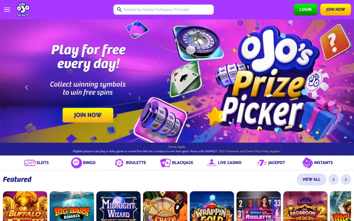 PlayOJO homepage, captured September 2026