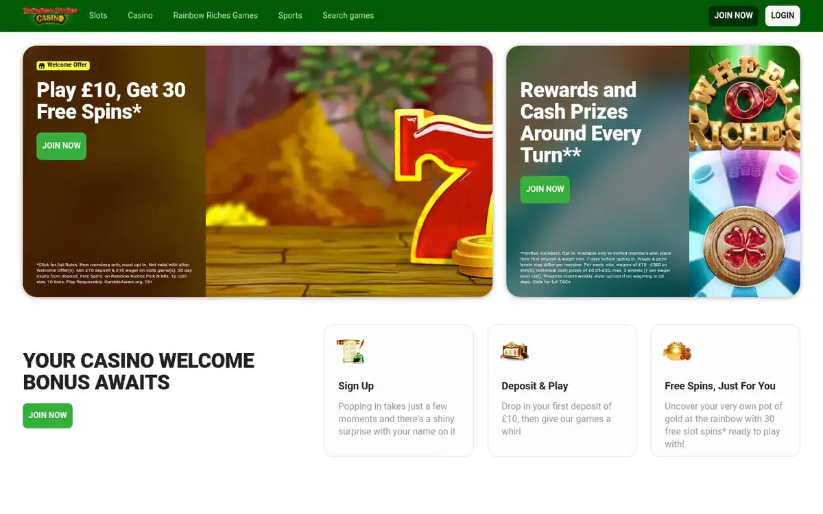 Rainbow Riches Casino homepage, captured September 2026