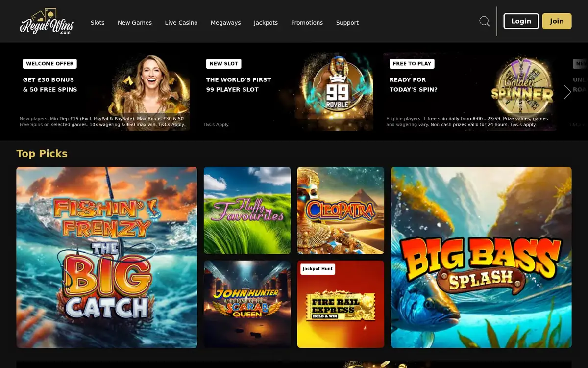Regal Wins homepage, captured September 2026
