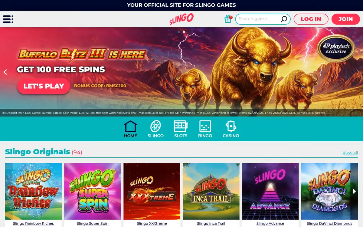 Slingo homepage, captured September 2026