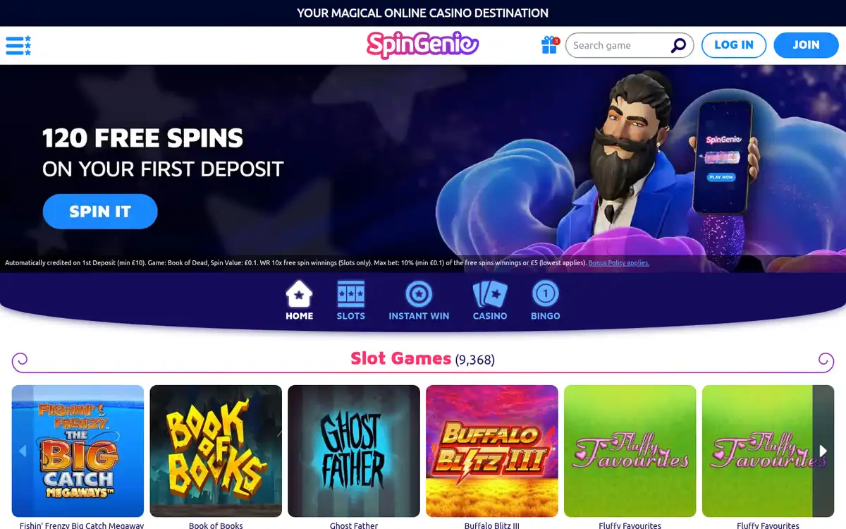 Spin Genie homepage, captured September 2026
